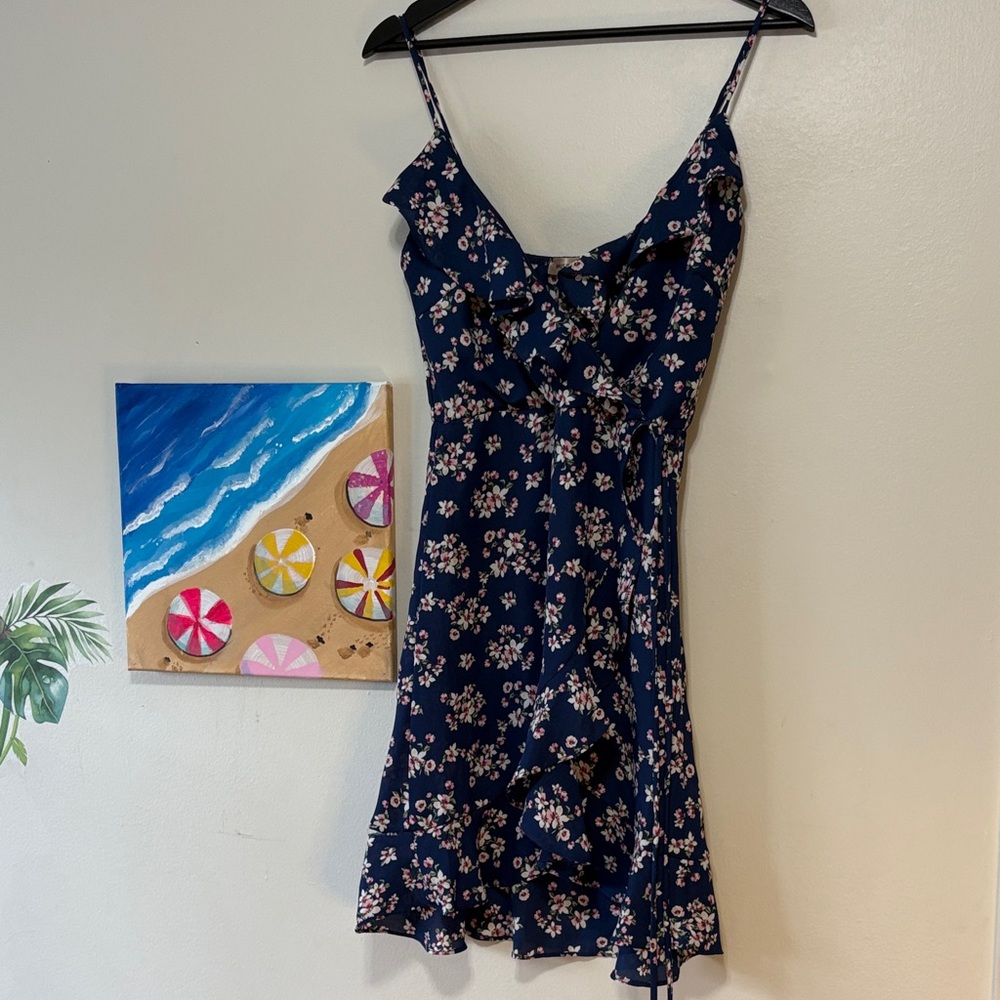 Navy Floral Ruffle Midi Dress with Spaghetti Straps